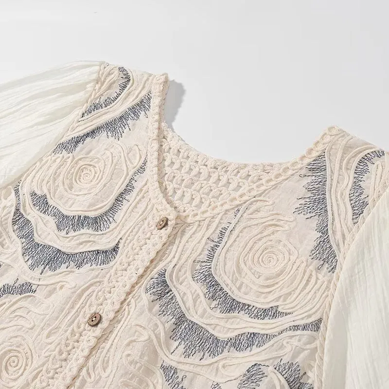 Damen Bestickter Häkelstrick-Cardigan mit transparenten Plissee-Ärmeln Nord Taschen