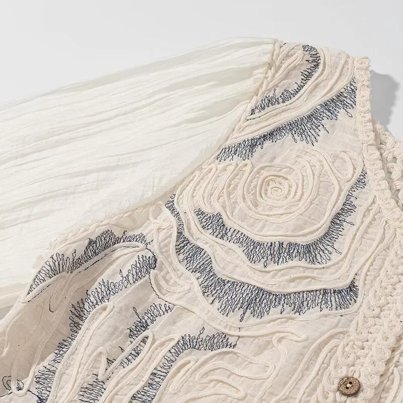 Damen Bestickter Häkelstrick-Cardigan mit transparenten Plissee-Ärmeln Nord Taschen