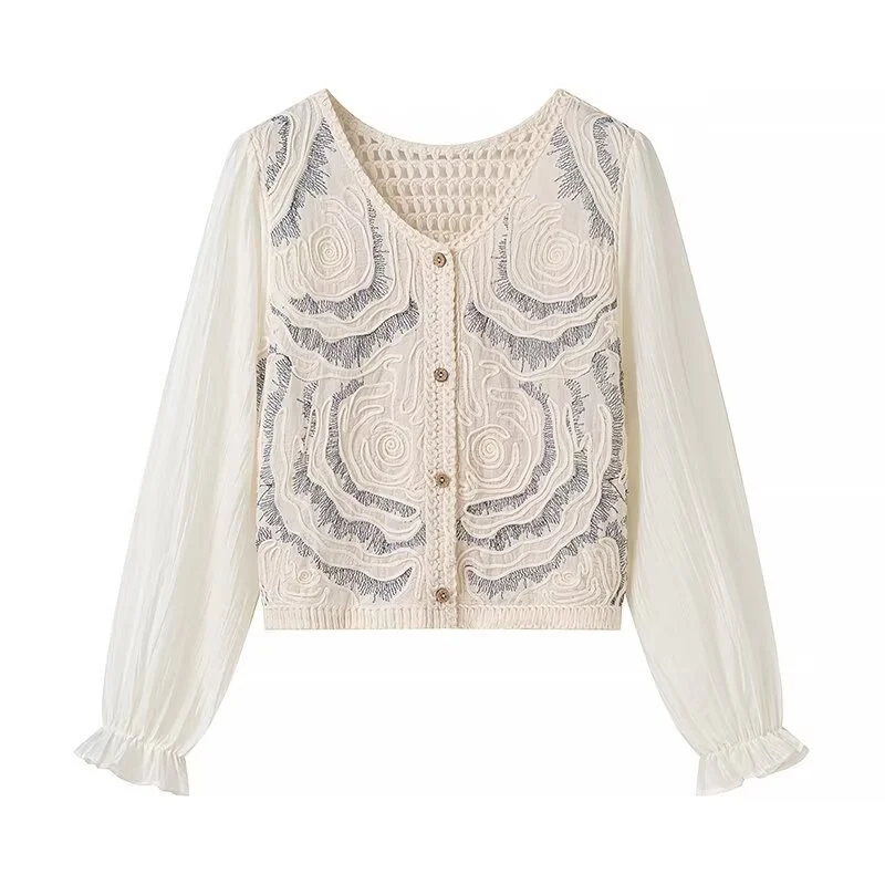 Damen Bestickter Häkelstrick-Cardigan mit transparenten Plissee-Ärmeln Nord Taschen