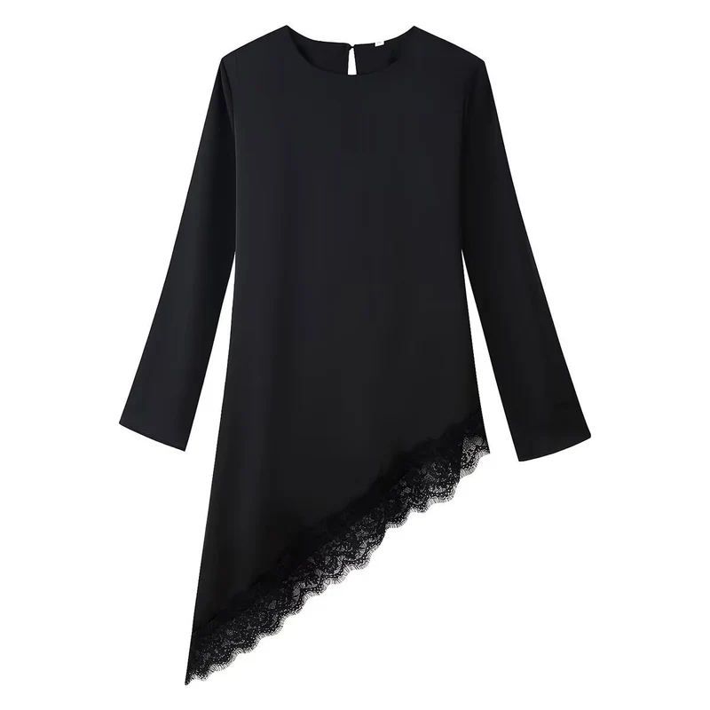 Damen Asymmetrische Langarm-Tunika mit Spitzenbesatz und schrägem Saum Nord Taschen
