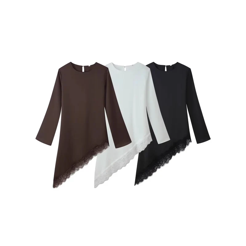 Damen Asymmetrische Langarm-Tunika mit Spitzenbesatz und schrägem Saum Nord Taschen