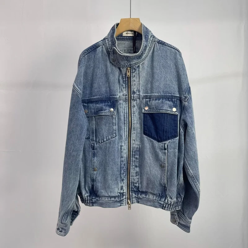 Herren Relaxed Denim-Utility-Jacke mit Stehkragen und kontrastierter Brusttasche Nord Taschen