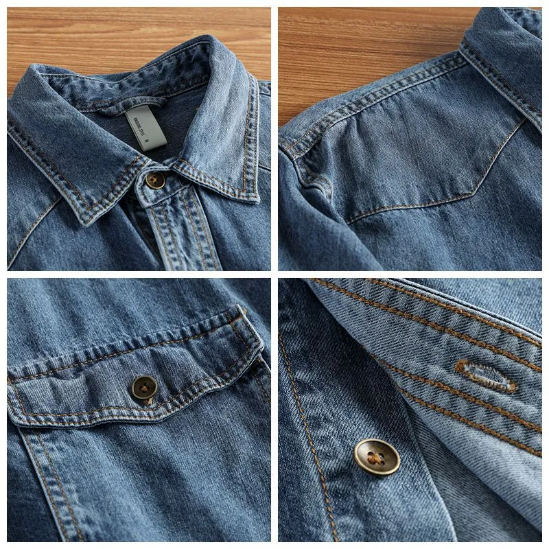 Herren Relaxed Denim‑Hemdjacke mit aufgesetzten Pattentaschen, verstärkten Ellenbogen und sichtbarer Knopfleiste Nord Taschen