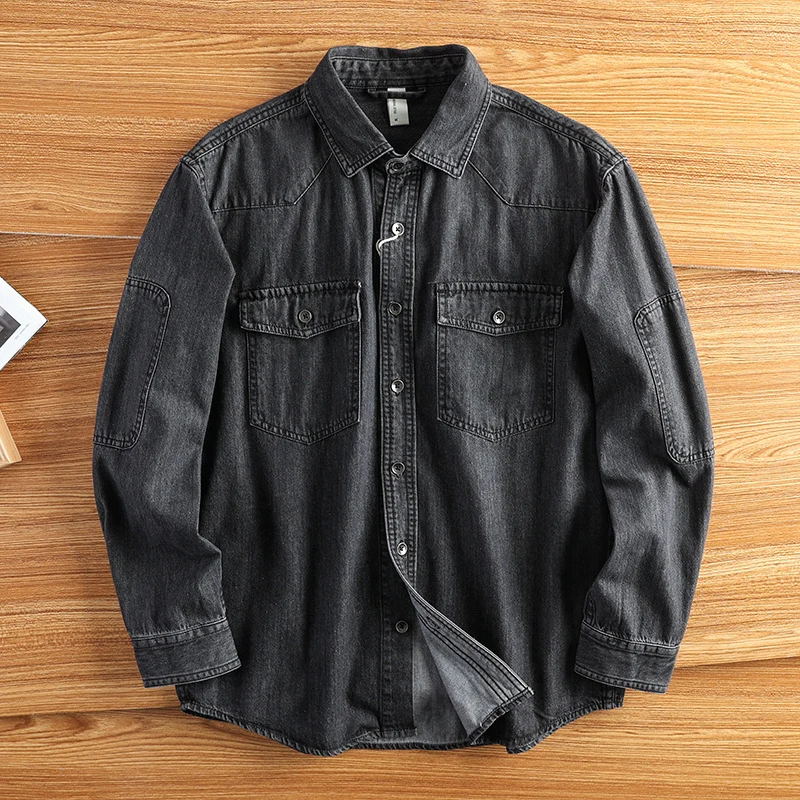 Herren Relaxed Denim‑Hemdjacke mit aufgesetzten Pattentaschen, verstärkten Ellenbogen und sichtbarer Knopfleiste Nord Taschen