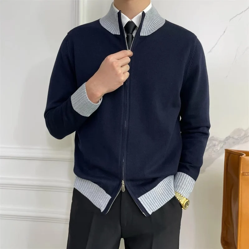 Herren Reißverschluss-Feinstrick-Cardigan mit Stehkragen und geripptem Saum Nord Taschen