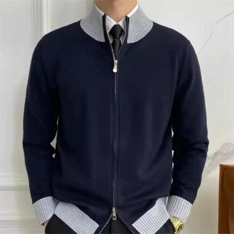 Herren Reißverschluss-Feinstrick-Cardigan mit Stehkragen und geripptem Saum Nord Taschen