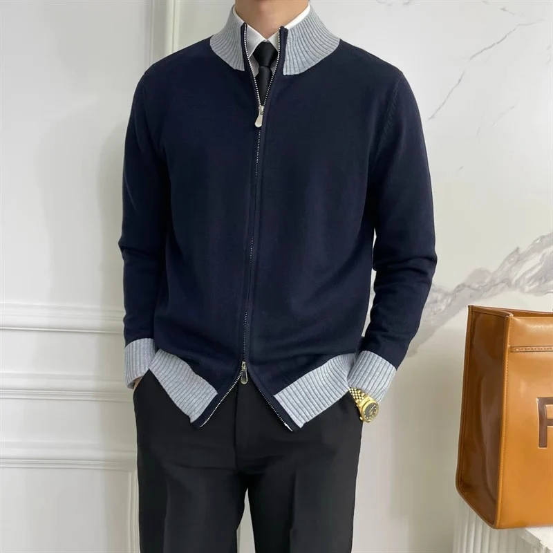 Herren Reißverschluss-Feinstrick-Cardigan mit Stehkragen und geripptem Saum Nord Taschen