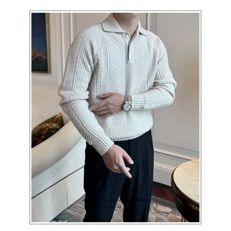 Herren Polokragen-Zopfstrick-Pullover mit halber Knopfleiste Nord Taschen