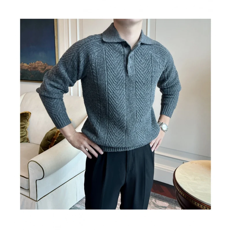 Herren Polokragen-Zopfstrick-Pullover mit halber Knopfleiste Nord Taschen