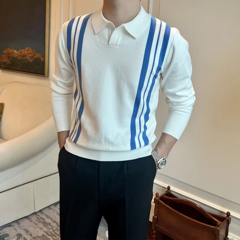 Herren Polokragen-Strickpullover mit markanten Längsstreifen und schmaler Passform Nord Taschen