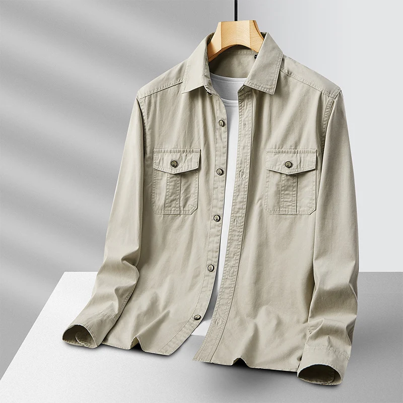 Herren leichte Baumwoll-Utility-Hemdjacke mit Pattentaschen und durchgehender Knopfleiste Nord Taschen