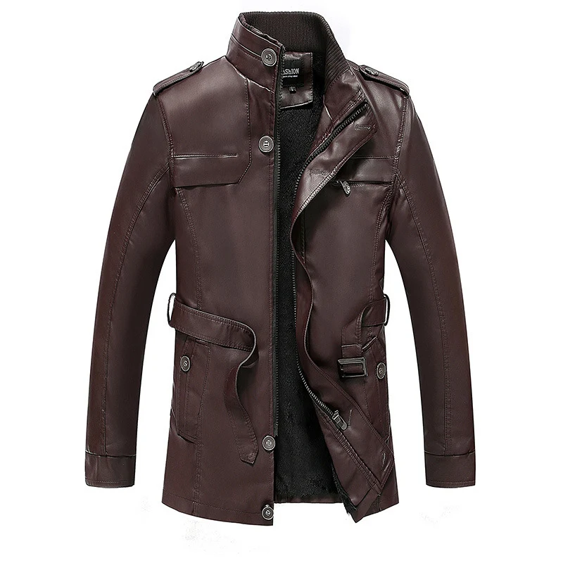 Herren Lederjacke mit Teddyfutter, Taillengürtel und Stehkragen Nord Taschen