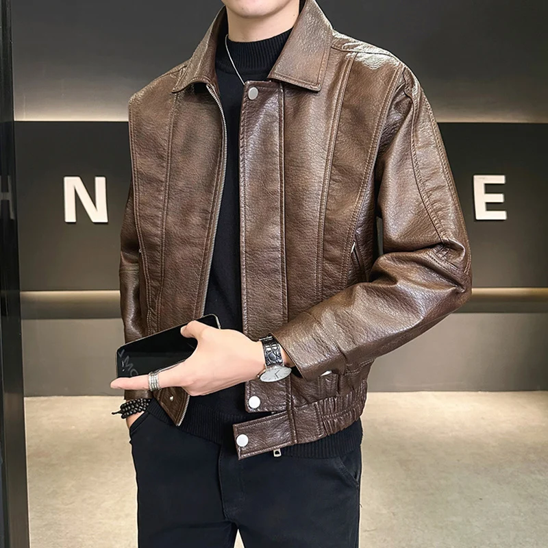 Herren Kurzer Oversized Lederimitat-Blouson mit Stehkragen, Reißverschluss und elastischem Saum Nord Taschen