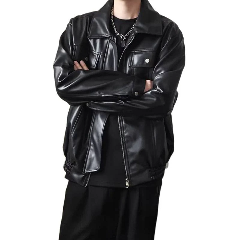 Herren Kurz geschnittene Oversized Kunstleder-Utility-Jacke mit Brustklappen und durchgehendem Reißverschluss Nord Taschen