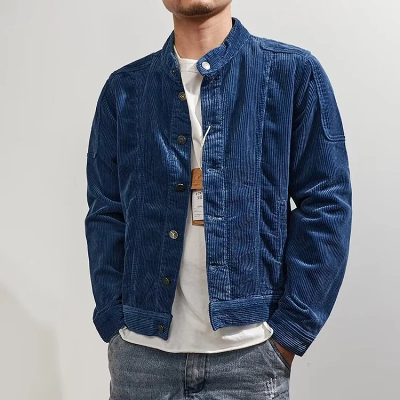 Herren Kurz geschnittene Kordjacke im Worker‑Style mit Stehkragen und Druckknopfleiste Nord Taschen