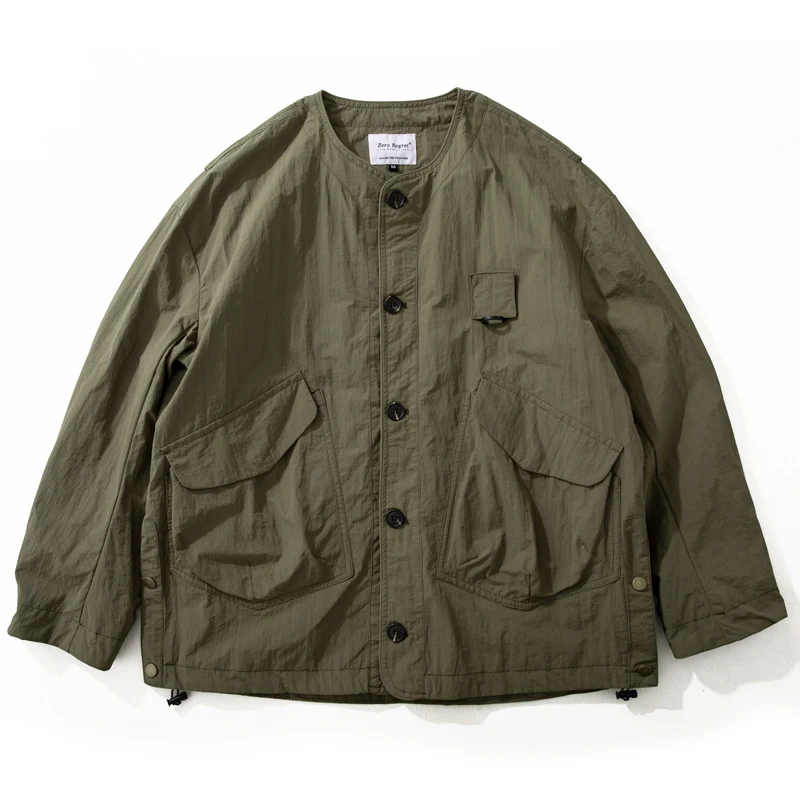 Herren Kragenlose Utility-Fieldjacke mit Pattentaschen und Kordelzug Nord Taschen