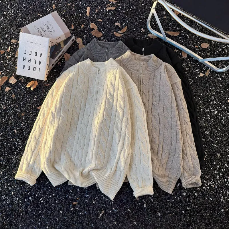 Unisex Oversize-Zopfmuster-Halbzip-Pullover mit extra hohem Rippkragen und schwerer Baumwollmischung Nord Taschen