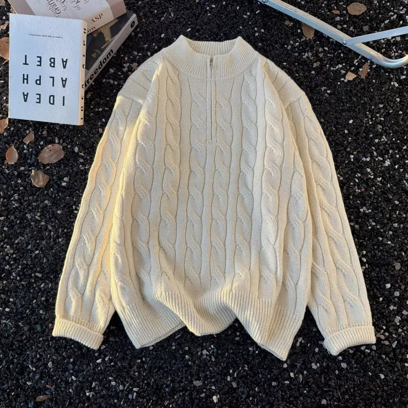 Unisex Oversize-Zopfmuster-Halbzip-Pullover mit extra hohem Rippkragen und schwerer Baumwollmischung Nord Taschen