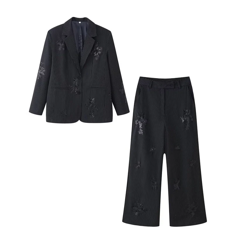Damen Hochtaillierte weite Marlenehose mit Nadelstreifen und Paillettenstickerei Nord Taschen