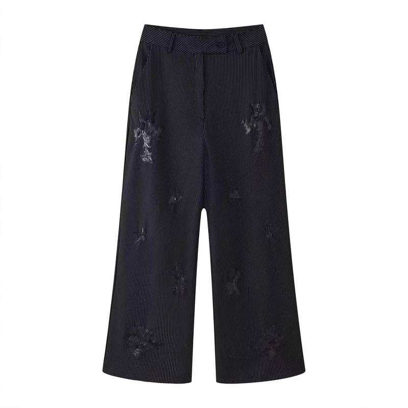 Damen Hochtaillierte weite Marlenehose mit Nadelstreifen und Paillettenstickerei Nord Taschen