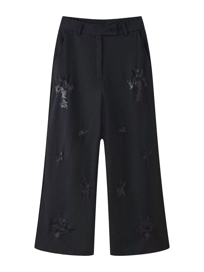 Damen Hochtaillierte weite Marlenehose mit Nadelstreifen und Paillettenstickerei Nord Taschen