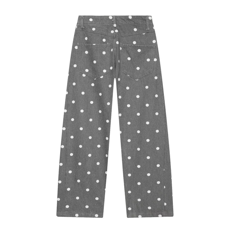 Damen Hochtaillierte weite Jeanshose mit Punkten und Bügelfalte Nord Taschen