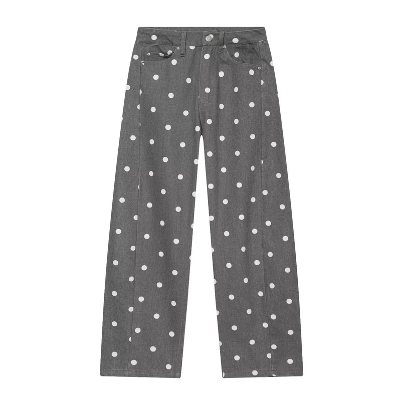 Damen Hochtaillierte weite Jeanshose mit Punkten und Bügelfalte Nord Taschen