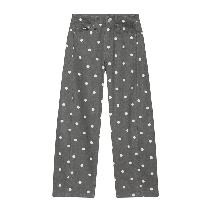 Damen Hochtaillierte weite Culotte-Jeans mit aufgesetzten Gesäßtaschen und Pünktchenprint Nord Taschen