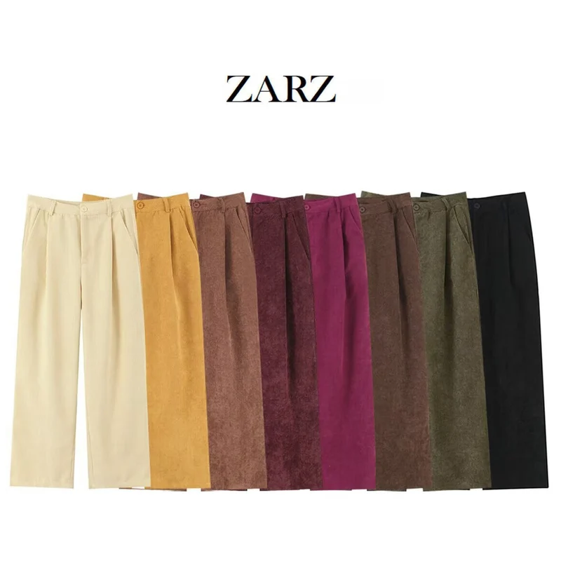 Damen Hochtaillierte Cordhose mit weitem Bein und Bundfalten Nord Taschen