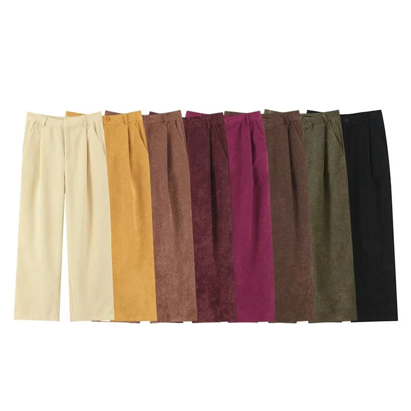 Damen Hochtaillierte Cordhose mit weitem Bein und Bundfalten Nord Taschen