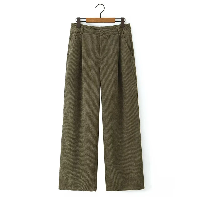 Damen Hochtaillierte Cordhose mit weitem Bein und Bundfalten Nord Taschen