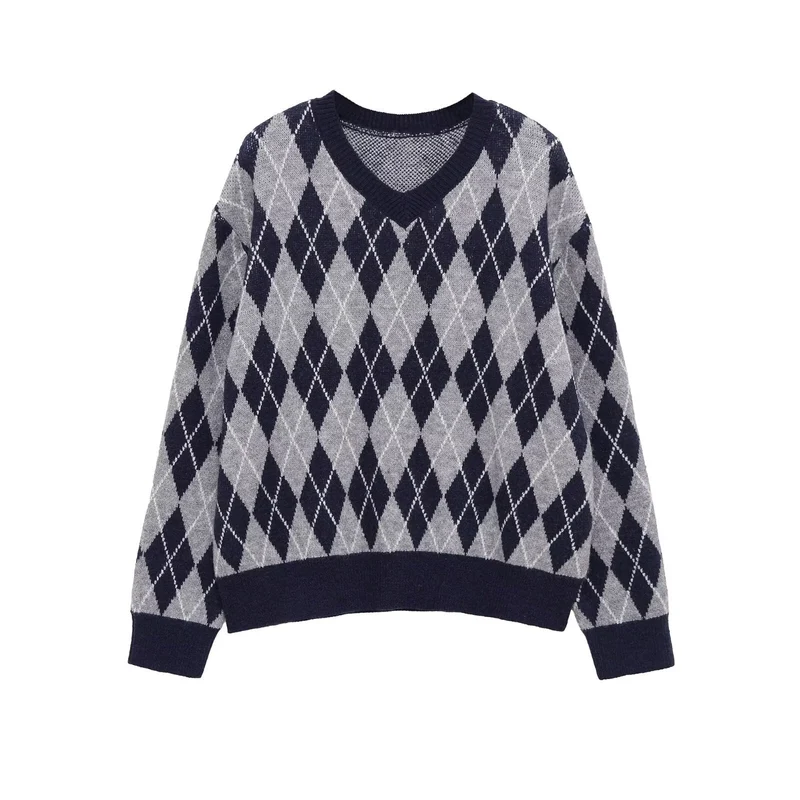 Damen Argyle V-Ausschnitt Strickpullover mit Rautenmuster Nord Taschen