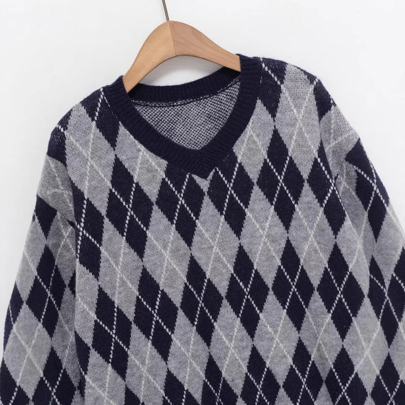 Damen Argyle V-Ausschnitt Strickpullover mit Rautenmuster Nord Taschen