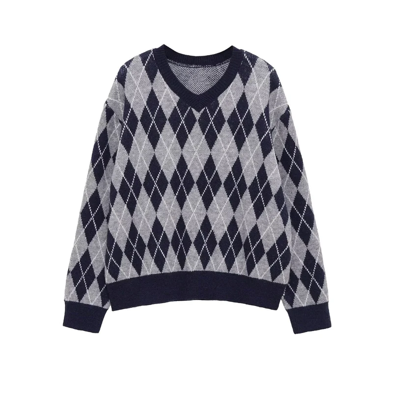 Damen Argyle V-Ausschnitt Strickpullover mit Rautenmuster Nord Taschen
