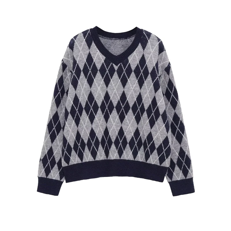 Damen Argyle V-Ausschnitt Strickpullover mit Rautenmuster Nord Taschen