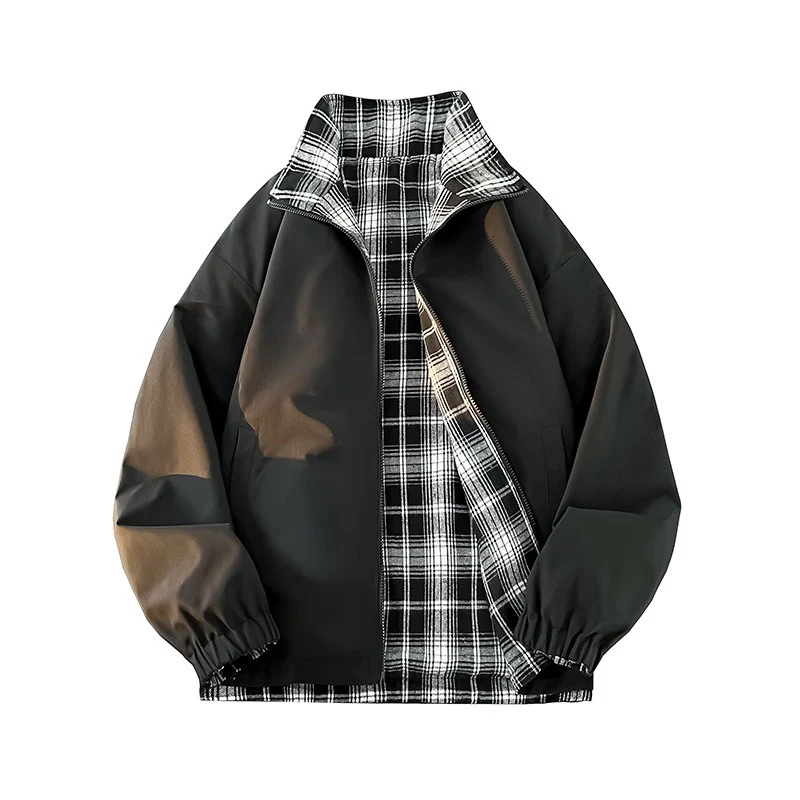Unisex Wende-Utility-Jacke mit kariertem Innenfutter, Stehkragen und elastischen Bündchen Nord Taschen