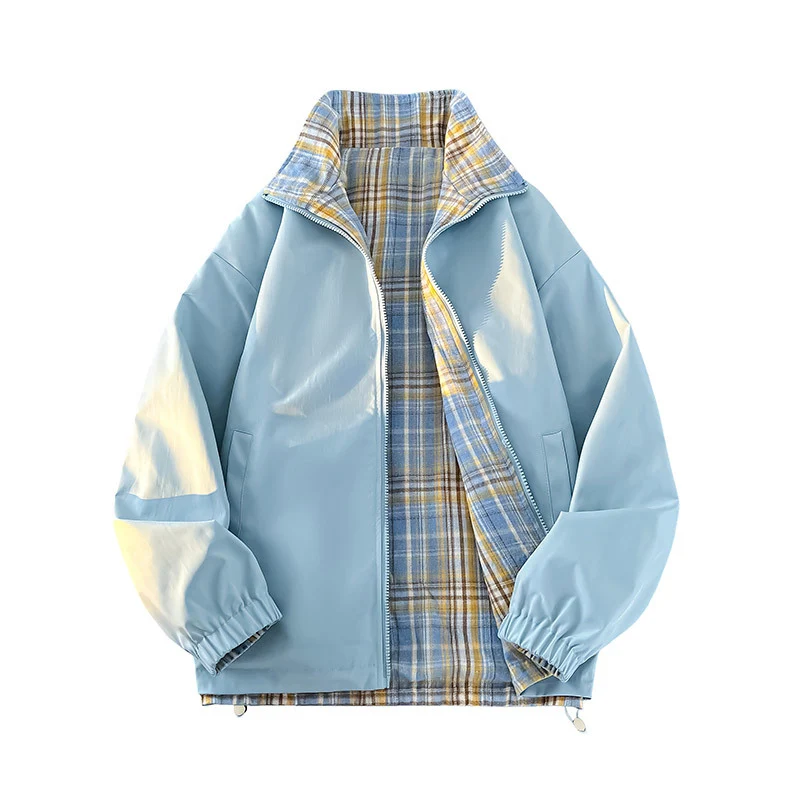 Unisex Wende-Utility-Jacke mit kariertem Innenfutter, Stehkragen und elastischen Bündchen Nord Taschen