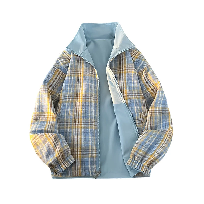 Unisex Wende-Utility-Jacke mit kariertem Innenfutter, Stehkragen und elastischen Bündchen Nord Taschen