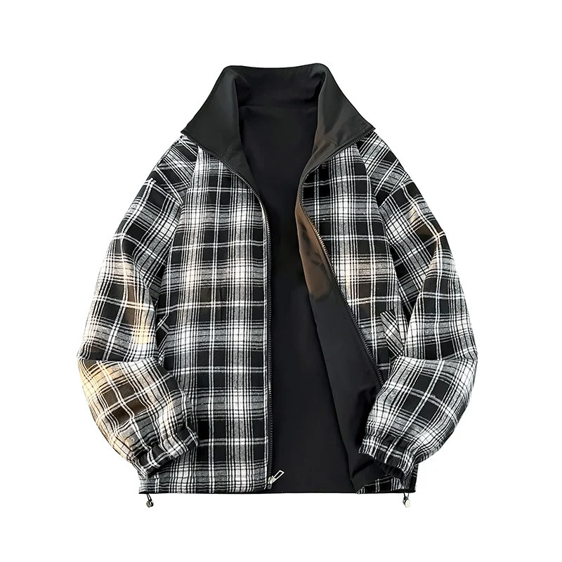 Unisex Wende-Utility-Jacke mit kariertem Innenfutter, Stehkragen und elastischen Bündchen Nord Taschen