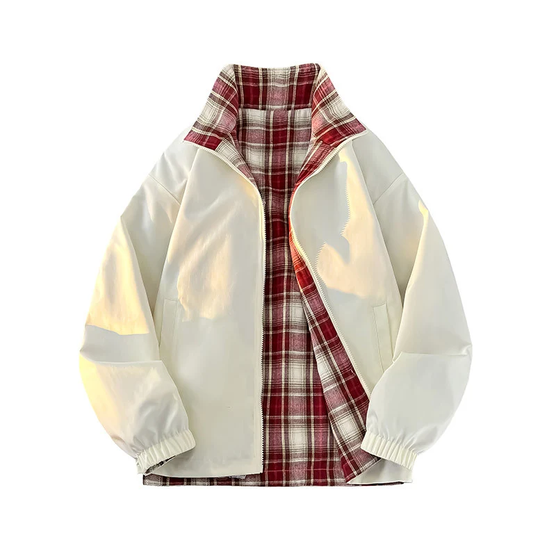 Unisex Wende-Utility-Jacke mit kariertem Innenfutter, Stehkragen und elastischen Bündchen Nord Taschen