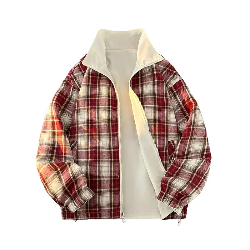 Unisex Wende-Utility-Jacke mit kariertem Innenfutter, Stehkragen und elastischen Bündchen Nord Taschen