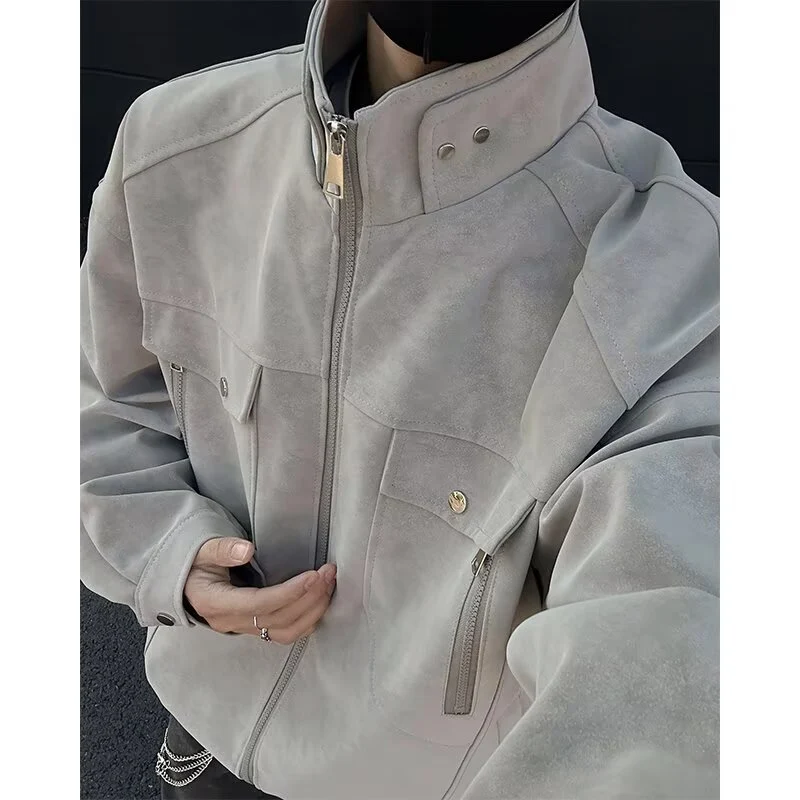 Herren Oversized Wildleder-Optik Utility-Jacke mit hohem Stehkragen Nord Taschen