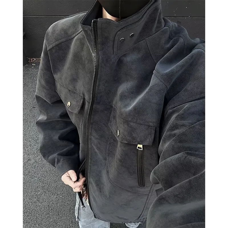 Herren Oversized Wildleder-Optik Utility-Jacke mit hohem Stehkragen Nord Taschen