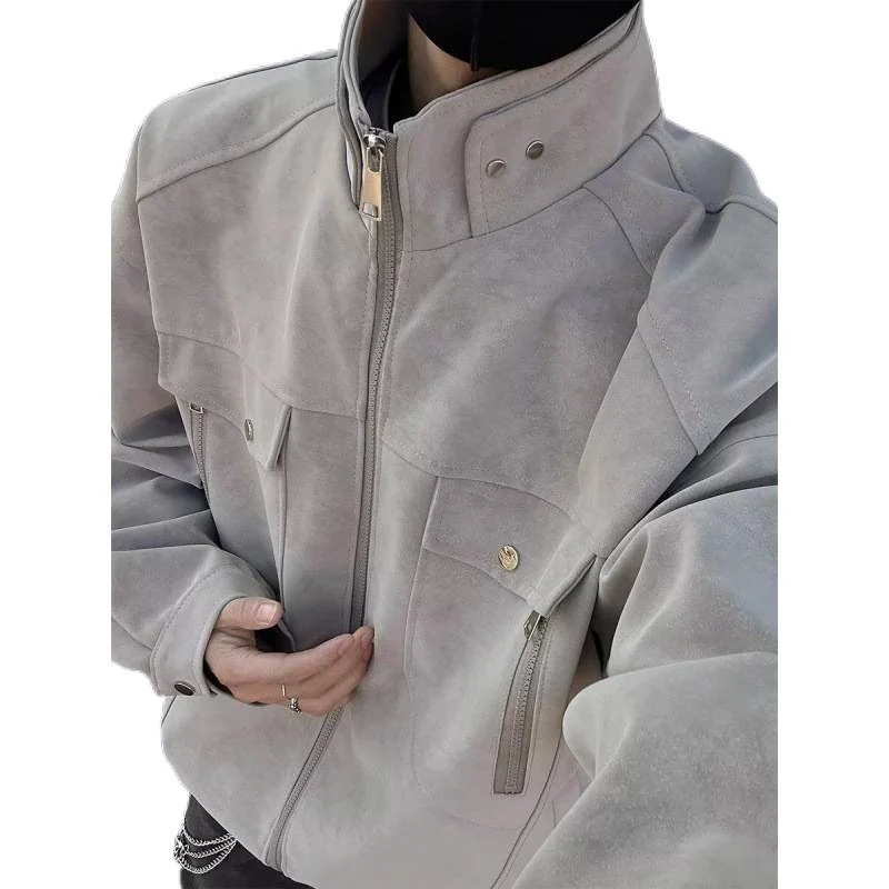 Herren Oversized Wildleder-Optik Utility-Jacke mit hohem Stehkragen Nord Taschen