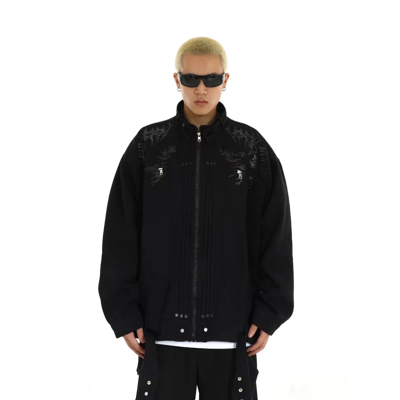 Herren Oversized Utility-Jacke mit Stickerei, Stehkragen, Reißverschluss und langen Gurtbändern Nord Taschen