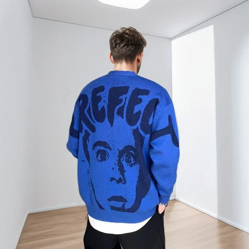 Herren Oversized-Strickpullover mit großflächigem Jacquard-Gesichtsmotiv und geripptem Saum Nord Taschen