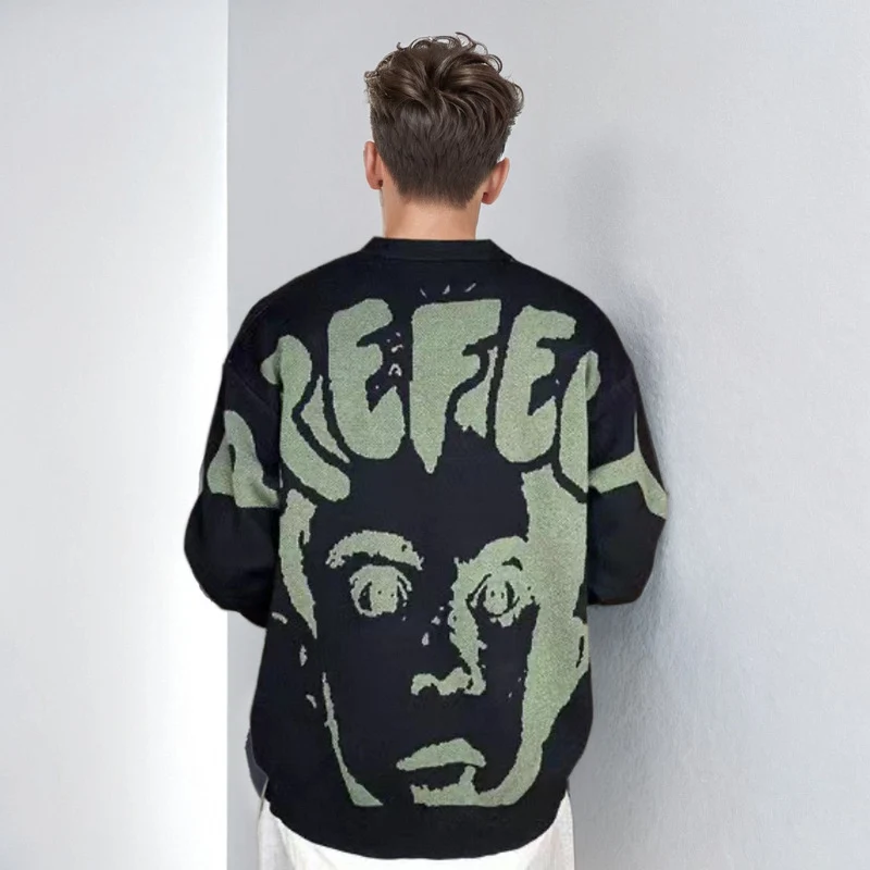 Herren Oversized-Strickpullover mit großflächigem Jacquard-Gesichtsmotiv und geripptem Saum Nord Taschen