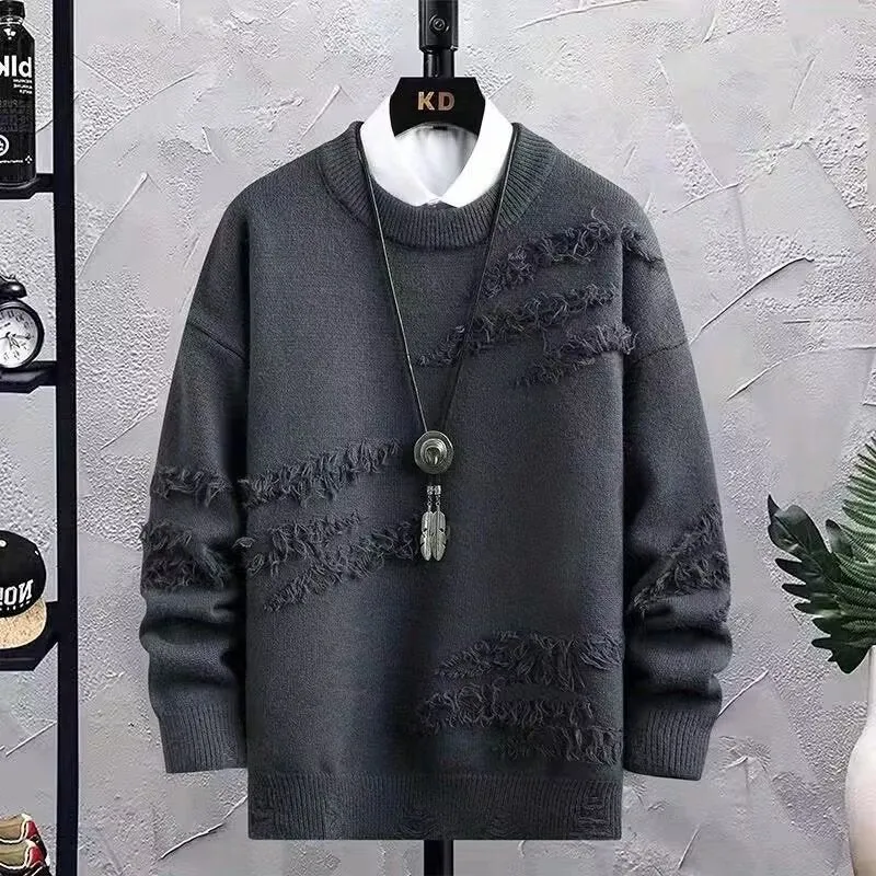 Herren Oversized Strickpullover mit Fransen‑Used‑Details und Rundhalsausschnitt Nord Taschen