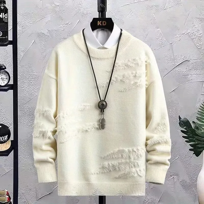 Herren Oversized Strickpullover mit Fransen‑Used‑Details und Rundhalsausschnitt Nord Taschen