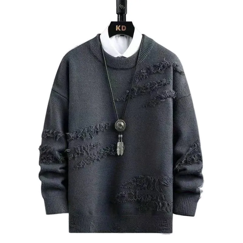 Herren Oversized Strickpullover mit Fransen‑Used‑Details und Rundhalsausschnitt Nord Taschen